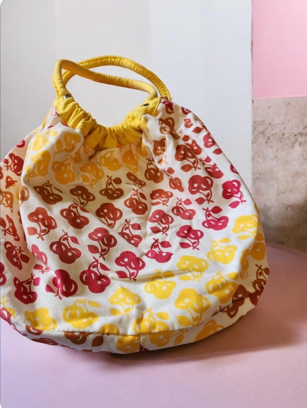 Yellow & Red Cherry Print Gathered Handle Tote■ Reversable ■